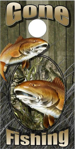 Red Fish Gone Fishing Camo Cornhole Boards