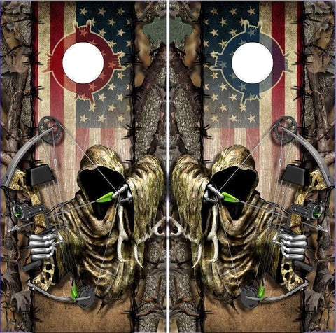 Wicked Wire Bow Reaper Hunt Camo Flag Cornhole Boards