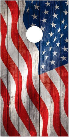 Wavy American Flag Weathered Wood Cornhole Boards