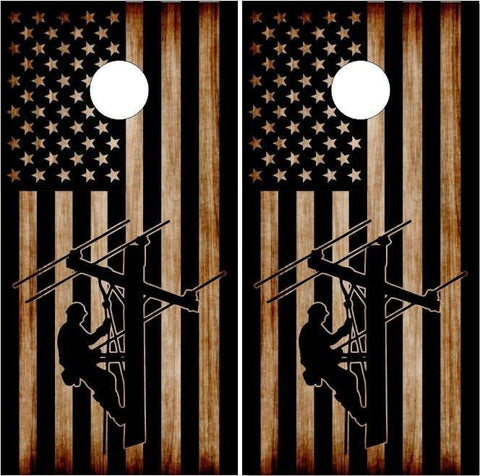 Lineman American Flag Burnt Wood Cornhole Boards