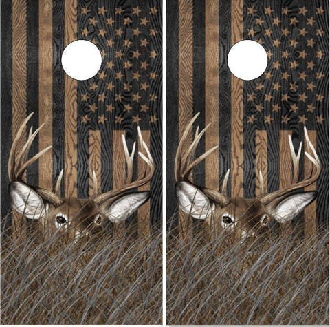 Deer Buck In Grass Black Flag Cornhole Boards